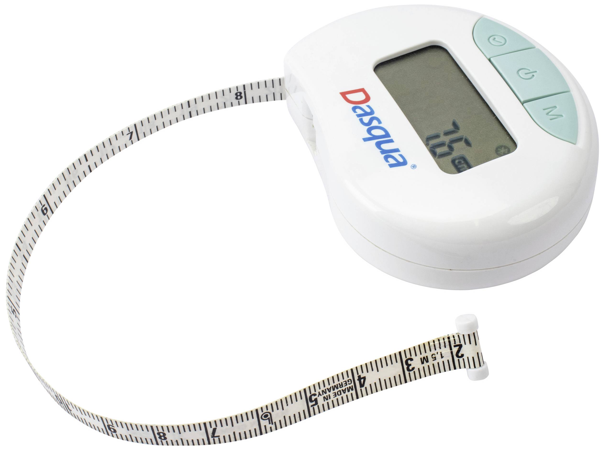 Digital tape measure with display and buttons for measuring distances.