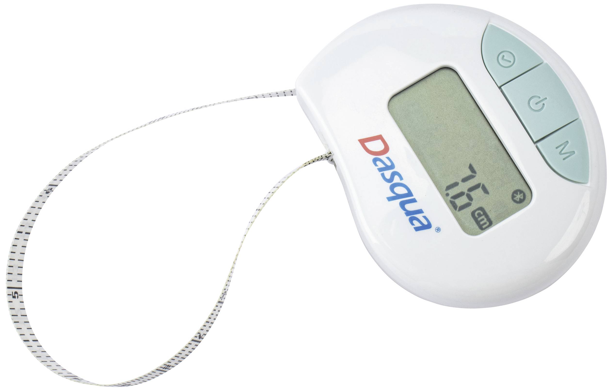 Electronic tape measure displays '7.5 cm' on the screen. White casing with buttons to control the functions.