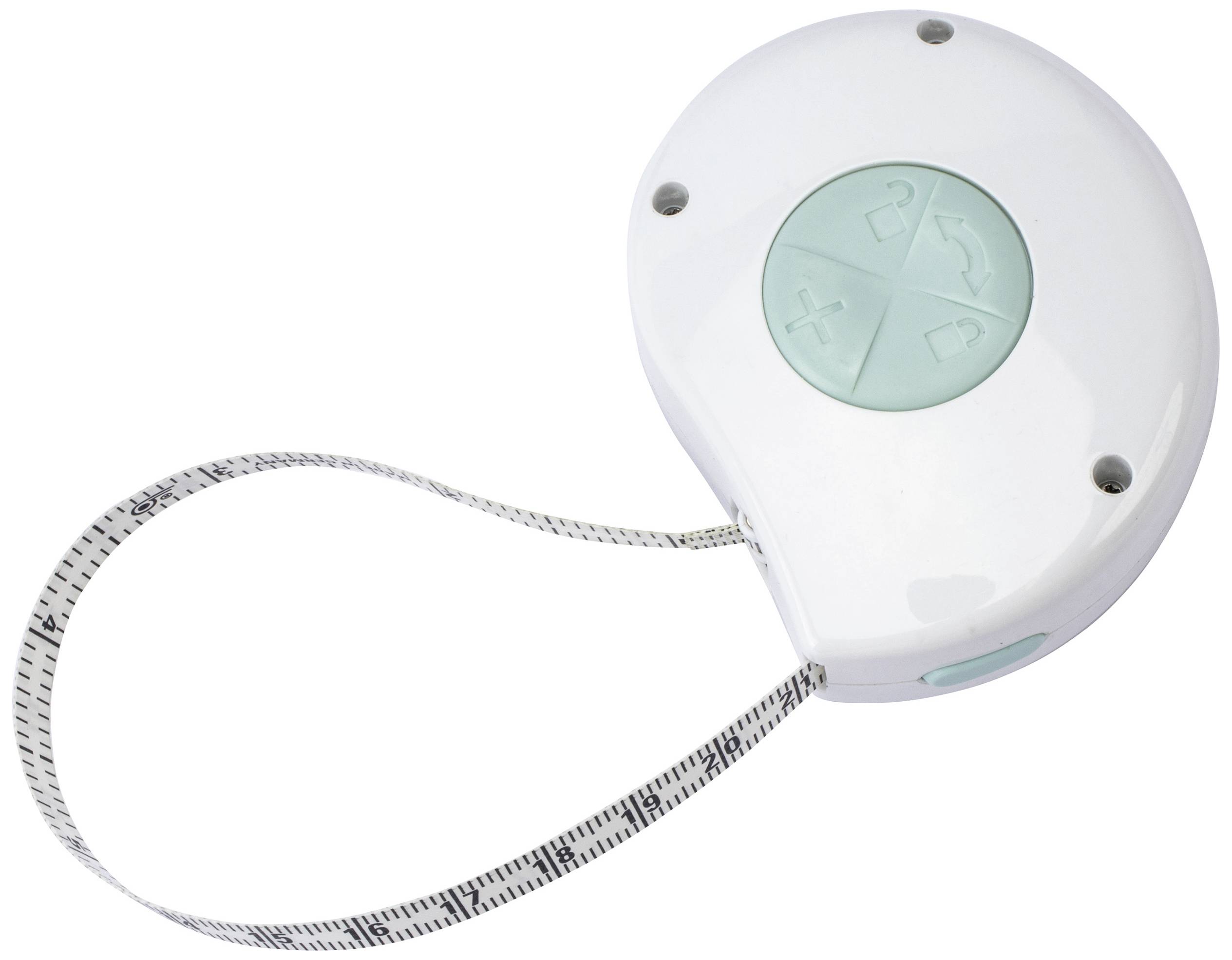 A round, white tape measure with a green button in the centre. The tape is unrolled and displays centimetre markings.
