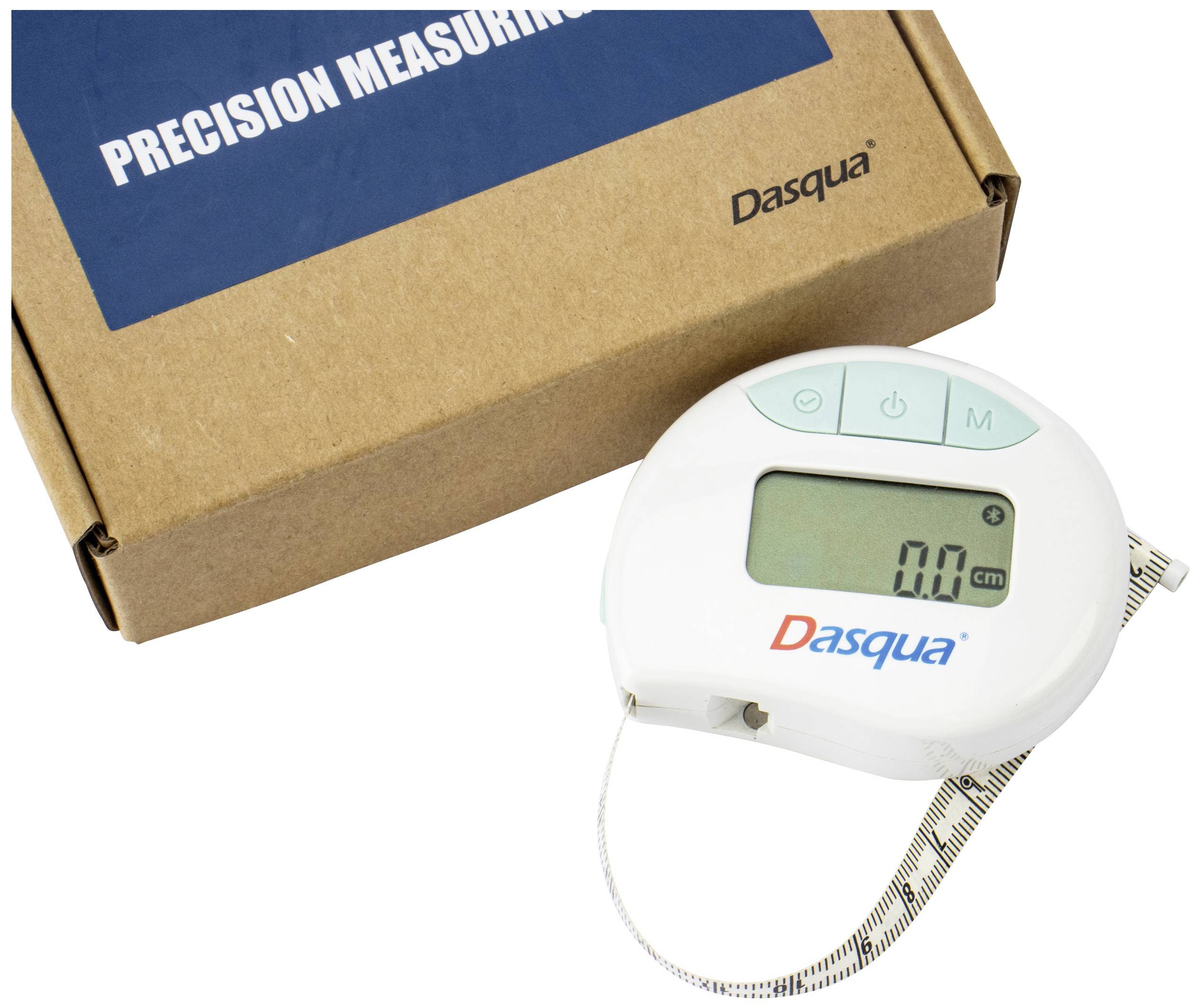 Electronic measuring tape with digital display shows '0.0 cm'. Packaging with inscription 'Precision Measuring'. Brand Dasqua.