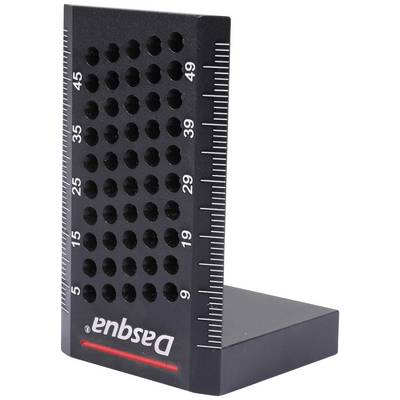 A black, L-shaped tool with a millimetre-precise scale, marked 'Dasqua', and many holes for precise measurement.