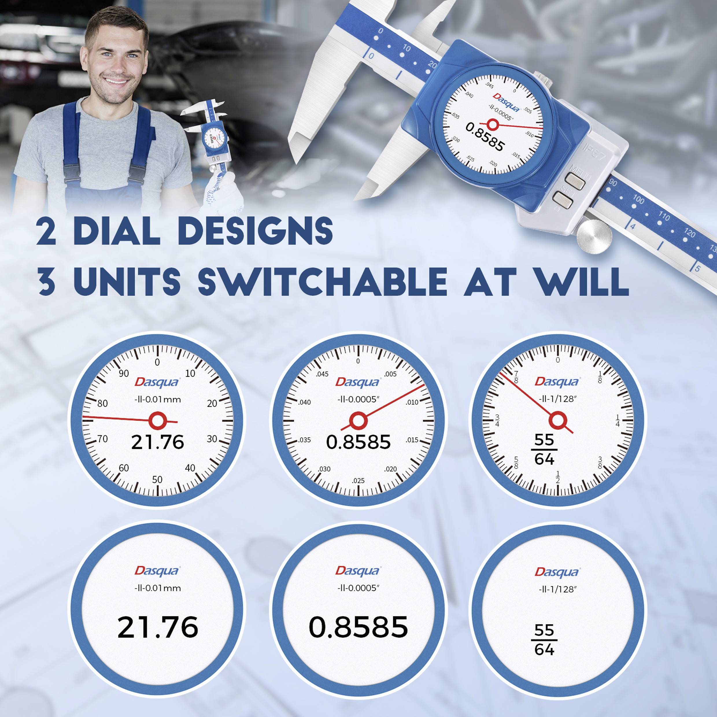 A person holding a caliper, showcasing 2 dial designs and 3 switchable units. Text reads '2 Dial Designs, 3 Units Switchable At Will'.