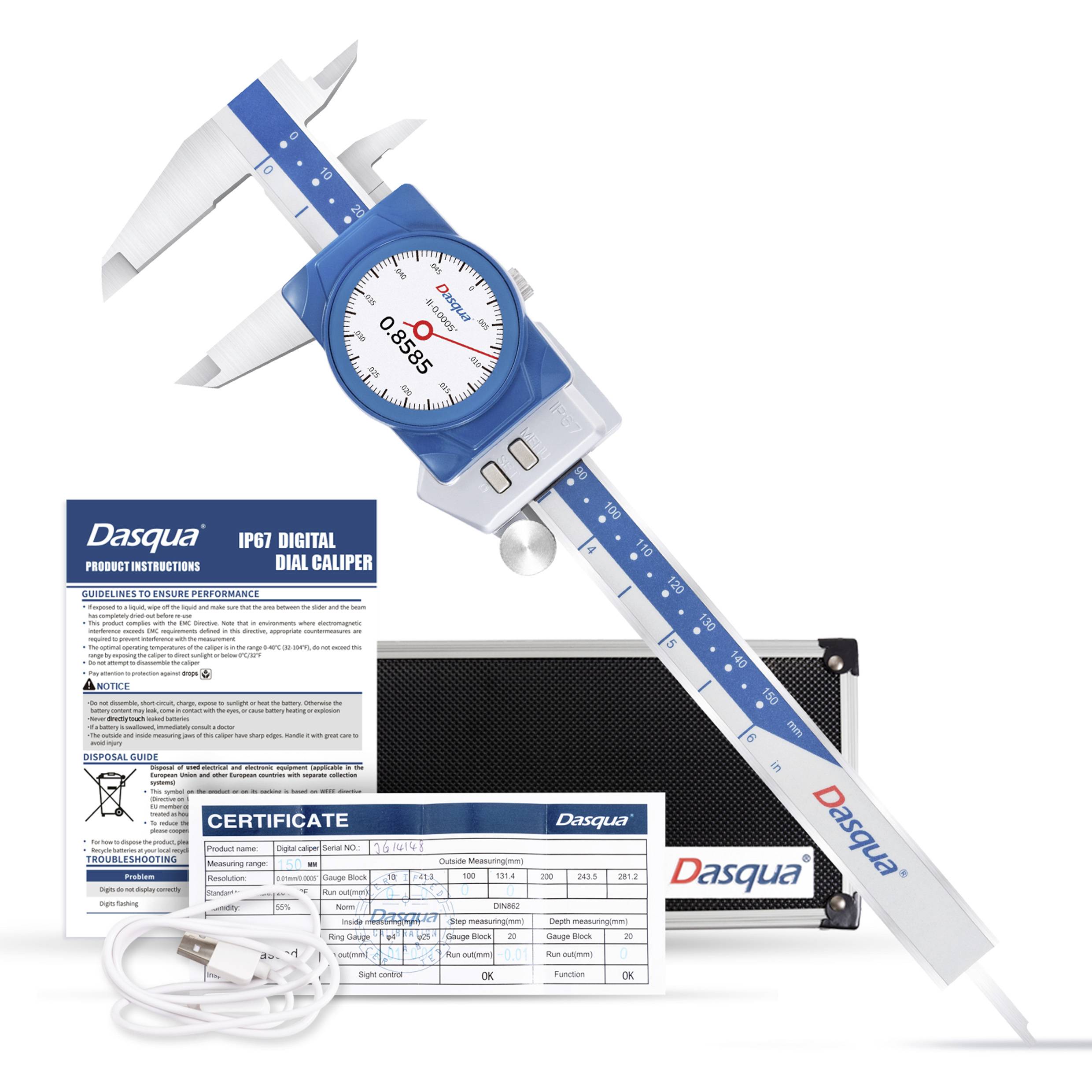 Dasqua IP67 digital caliper set with a blue and white caliper, protective case, certificate, user guide, and USB charging cable.