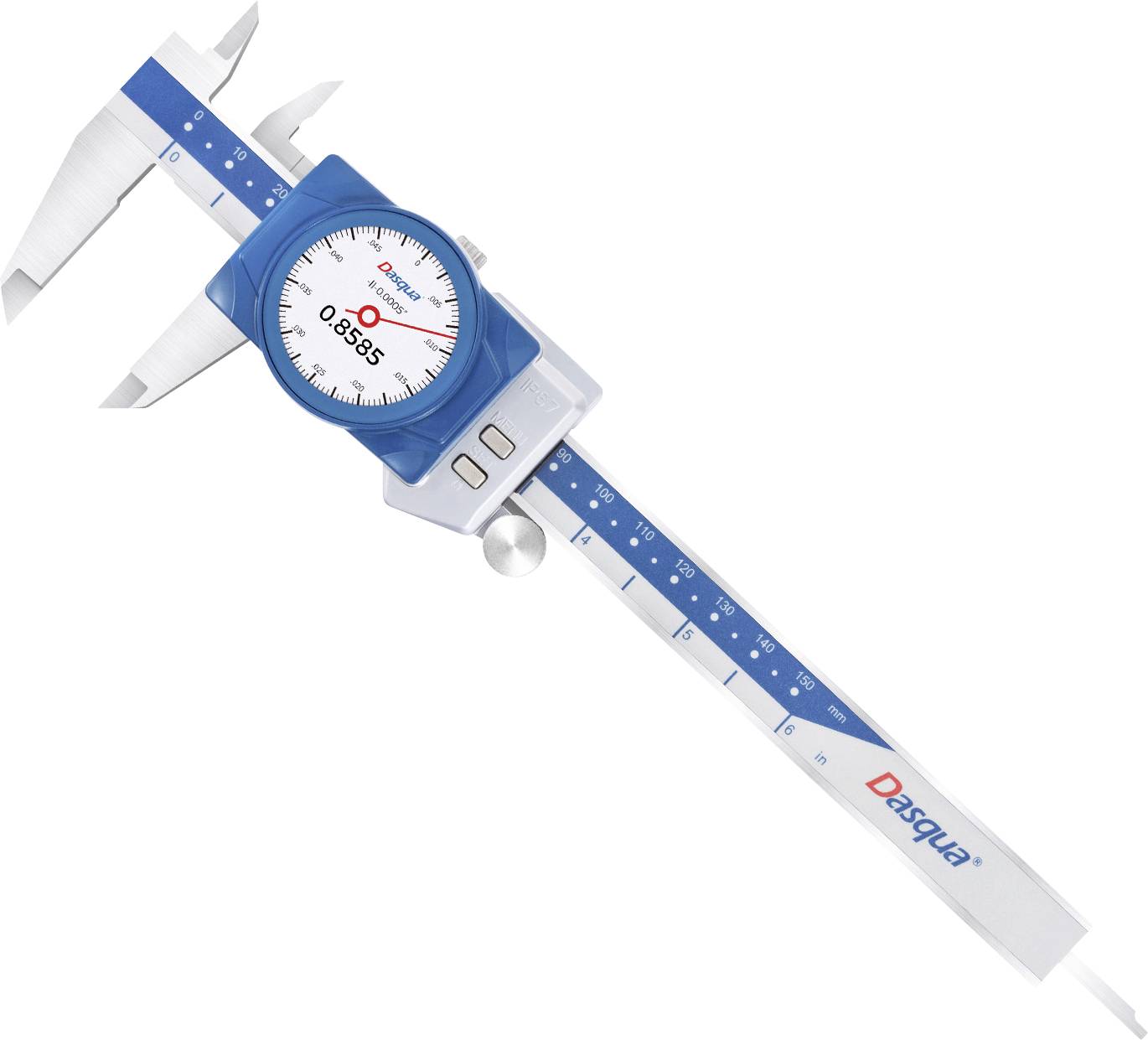Digital caliper measuring 6.85 mm, blue and white with a round digital display, marked 'Dasqua' on the handle.