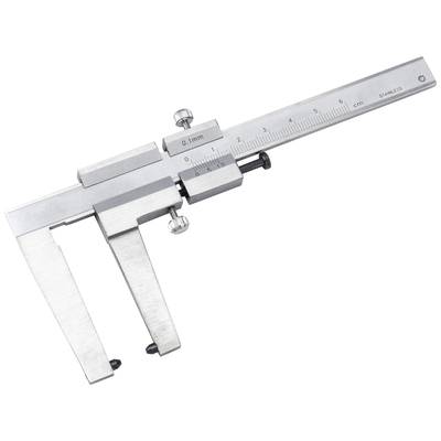 A silver vernier calliper with a scale from 0 to 15 centimetres, showing precise length measurements. Manufactured from stainless steel.