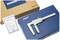 A stainless steel vernier calliper lies on a blue case, next to a guarantee certificate and a brown cardboard box labelled 'Measuring Tool'.