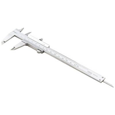A silver vernier caliper, a precision instrument for measuring lengths and diameters, on a white background.