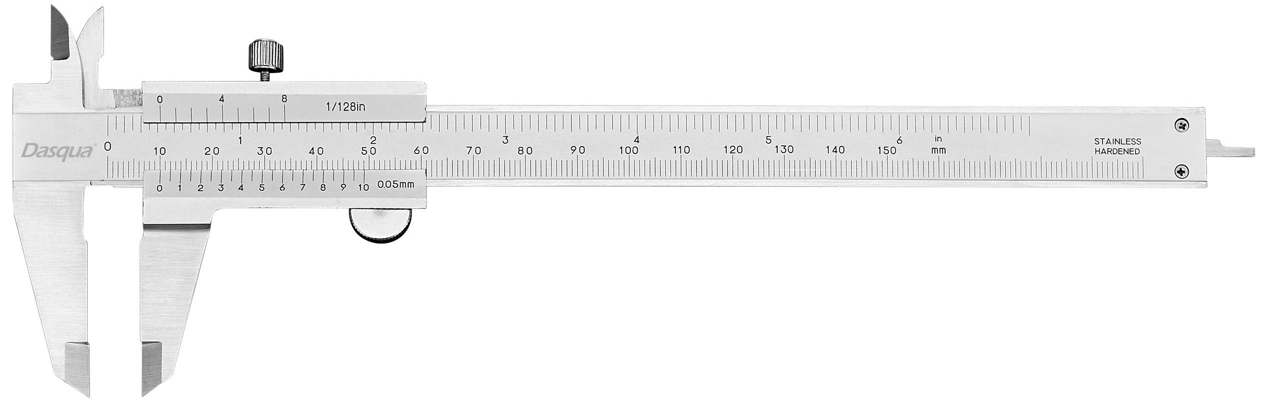 Silver vernier calliper with scale for precise measurements in millimetres and inches. Primarily used for determining length.