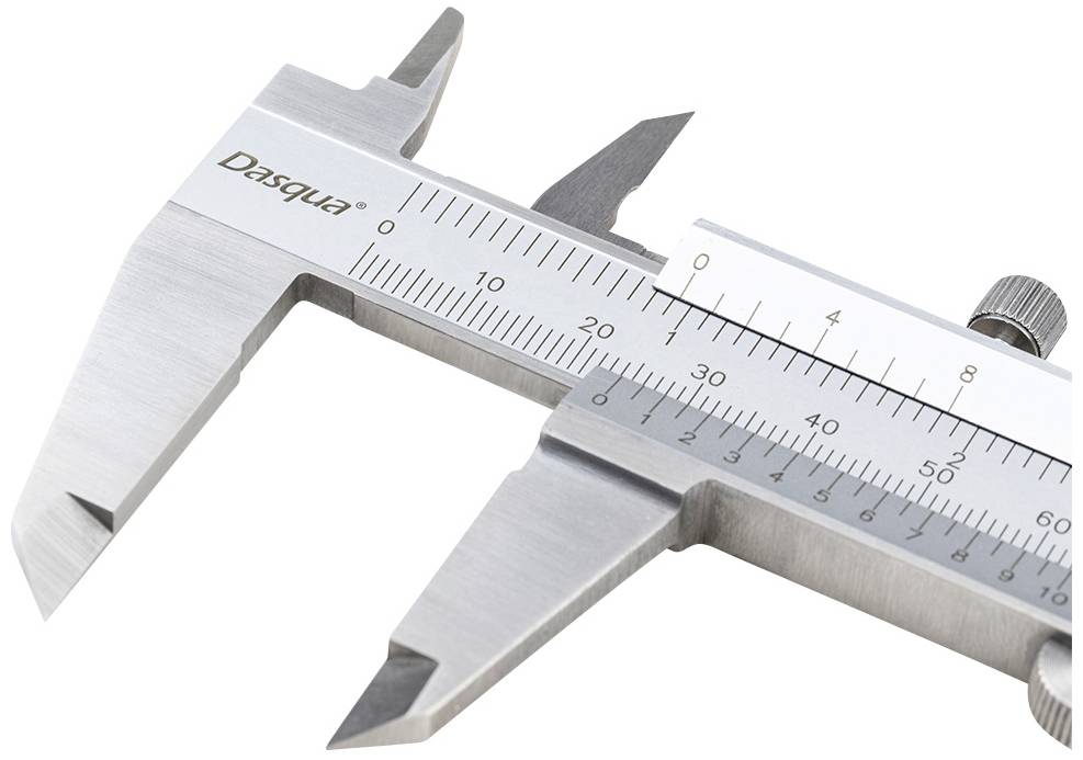 A silver vernier calliper with a scale for precise length measurements. Markings indicate millimetres and inches.