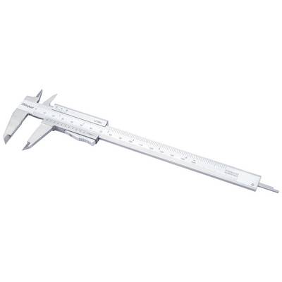 A silver metal calliper with a scale for precise measurement of lengths and diameters on a white background.