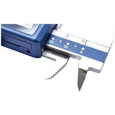 Close-up of a blue digital vernier calliper showing a measurement display with a millimetre scale. Sleek design, precise measuring technology.