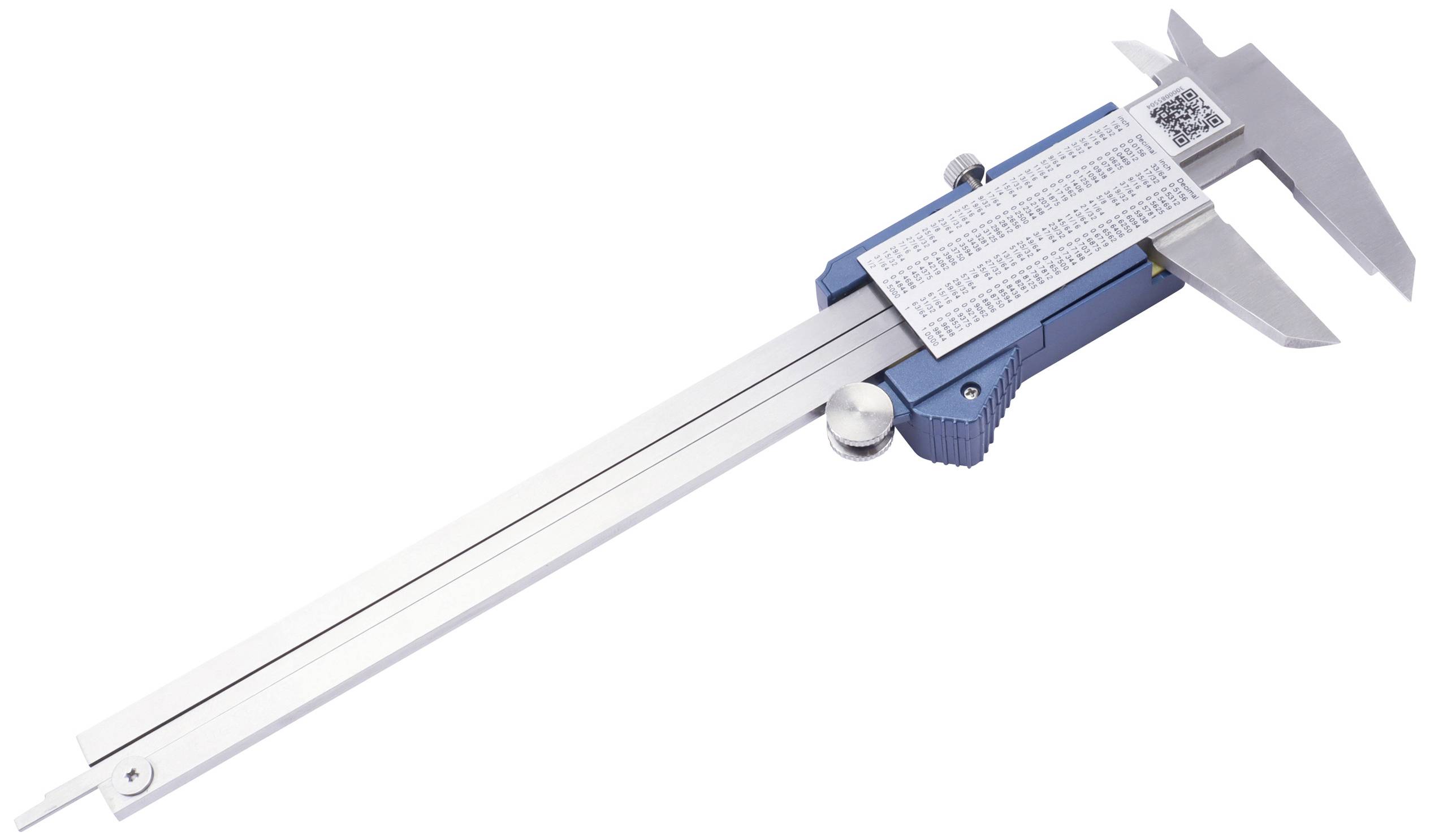 A digital calliper with a blue handle and metric scale, used for precise measurement of lengths and diameters.