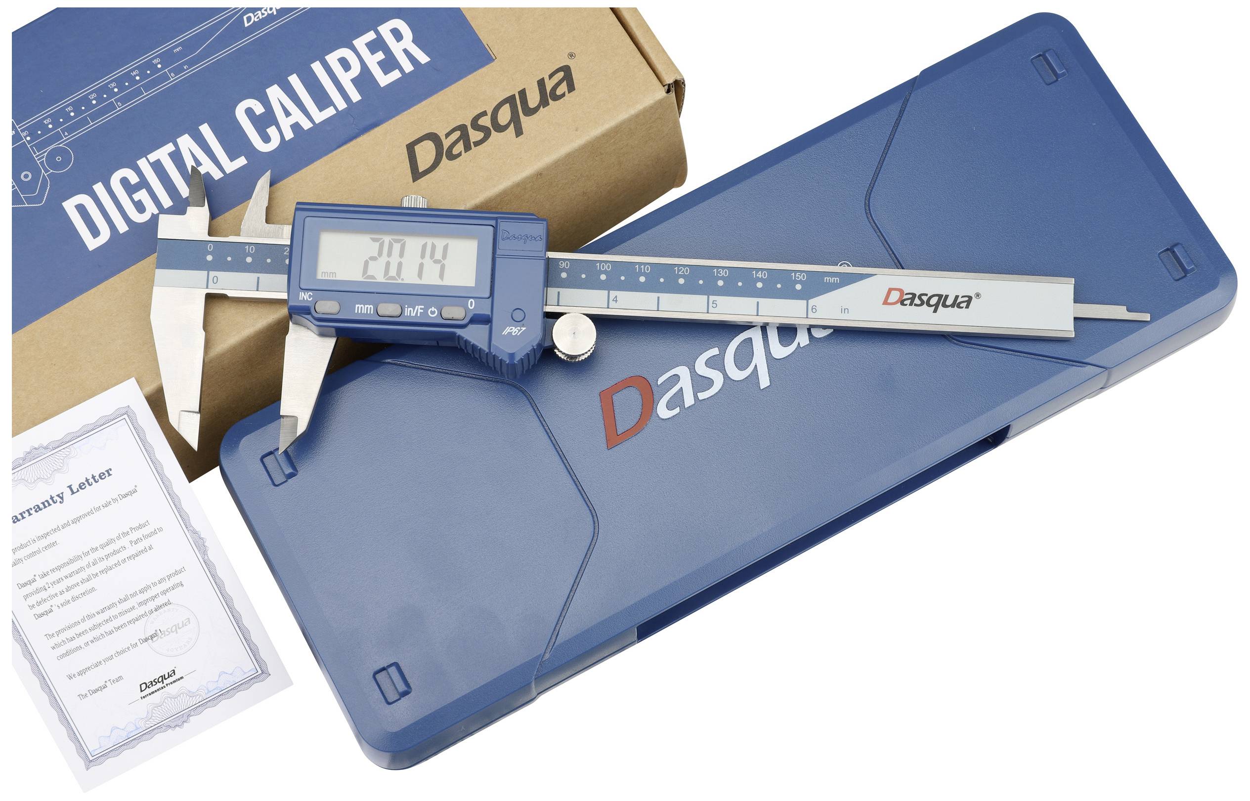 Digital calliper by Dasqua on a blue case with packaging in the background; display shows '28.14'.