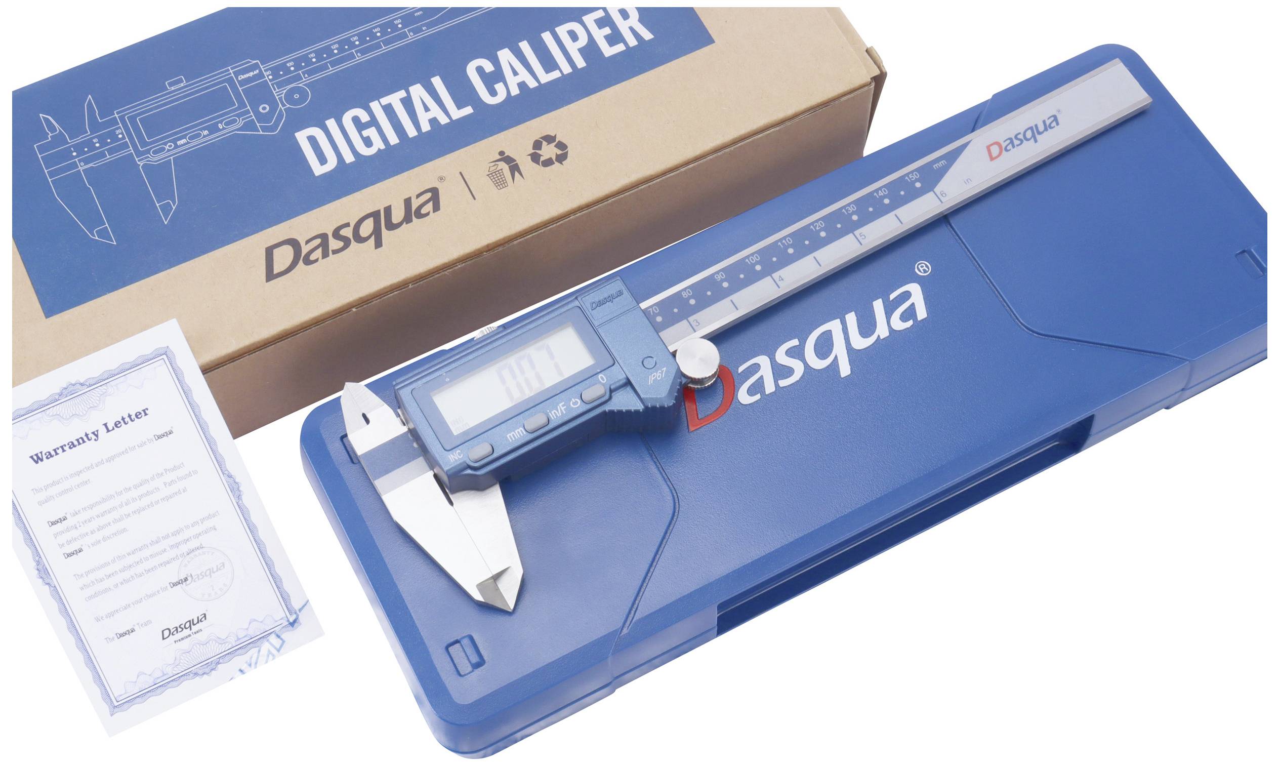 Digital calliper by Dasqua on a blue case, cardboard packaging in the background and guarantee certificate beside it.