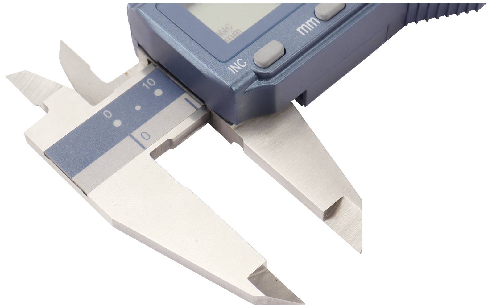 A digital calliper displays a measurement of 10 millimetres on a screen. Key feature: precise measurement.