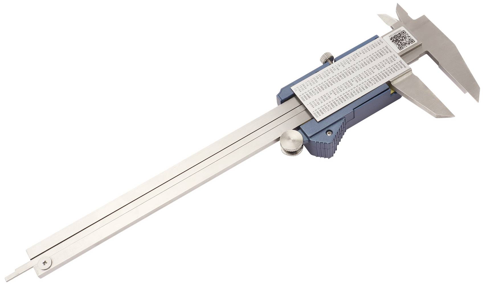 Digital calliper with blue casing and silver measuring arms for precise length measurement.