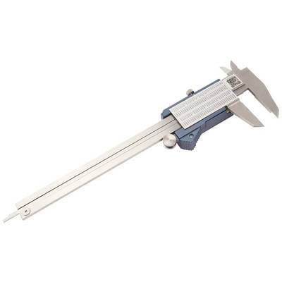 Digital calliper with blue casing and silver measuring arms for precise length measurement.