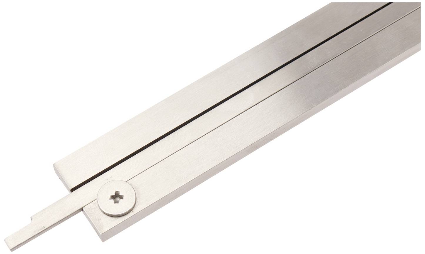 A silver-coloured folding rule, partially extended, on a white surface.