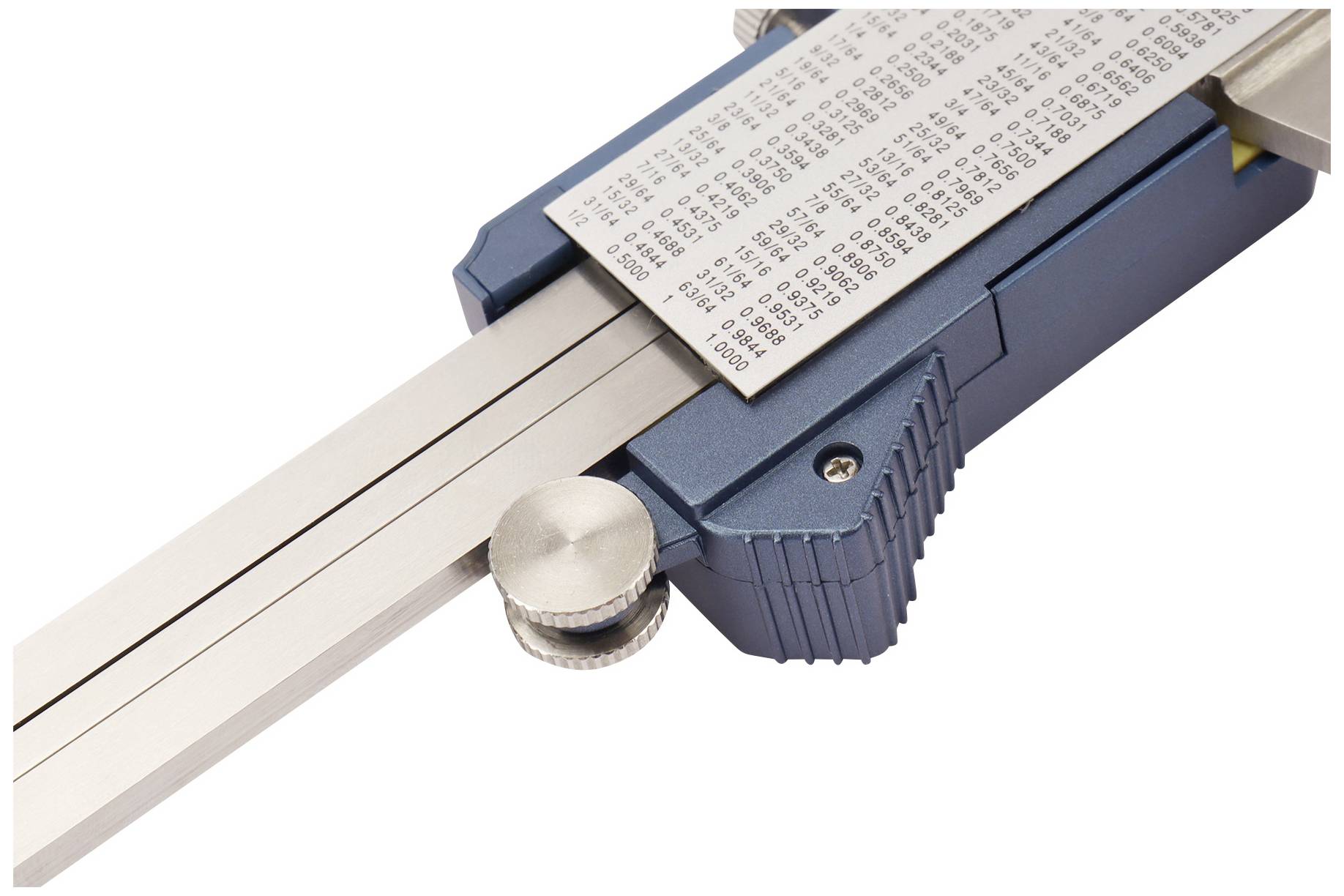 A digital vernier calliper with a silver scale in the foreground, showing various measurement units on a metal plate.