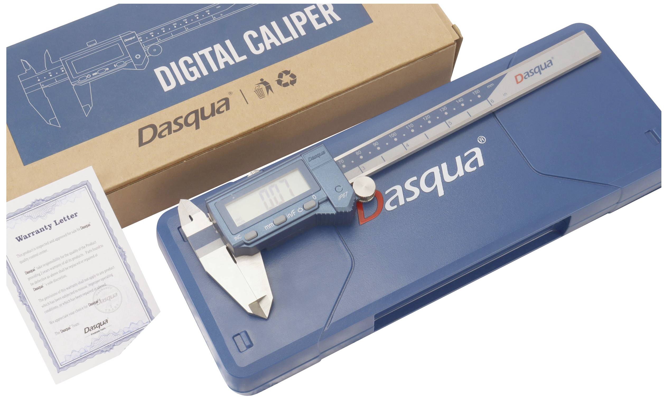 Digital calliper from Dasqua in a blue case next to a warranty certificate and packaging.