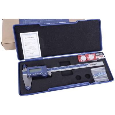 Digital vernier caliper in blue case with accessories, including guarantee letter. Ideal for precise length measurement in workshops.