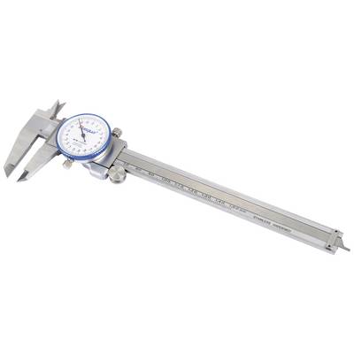 A silver vernier calliper with a dial for precise measurement of objects. It displays accurate millimetre markings.