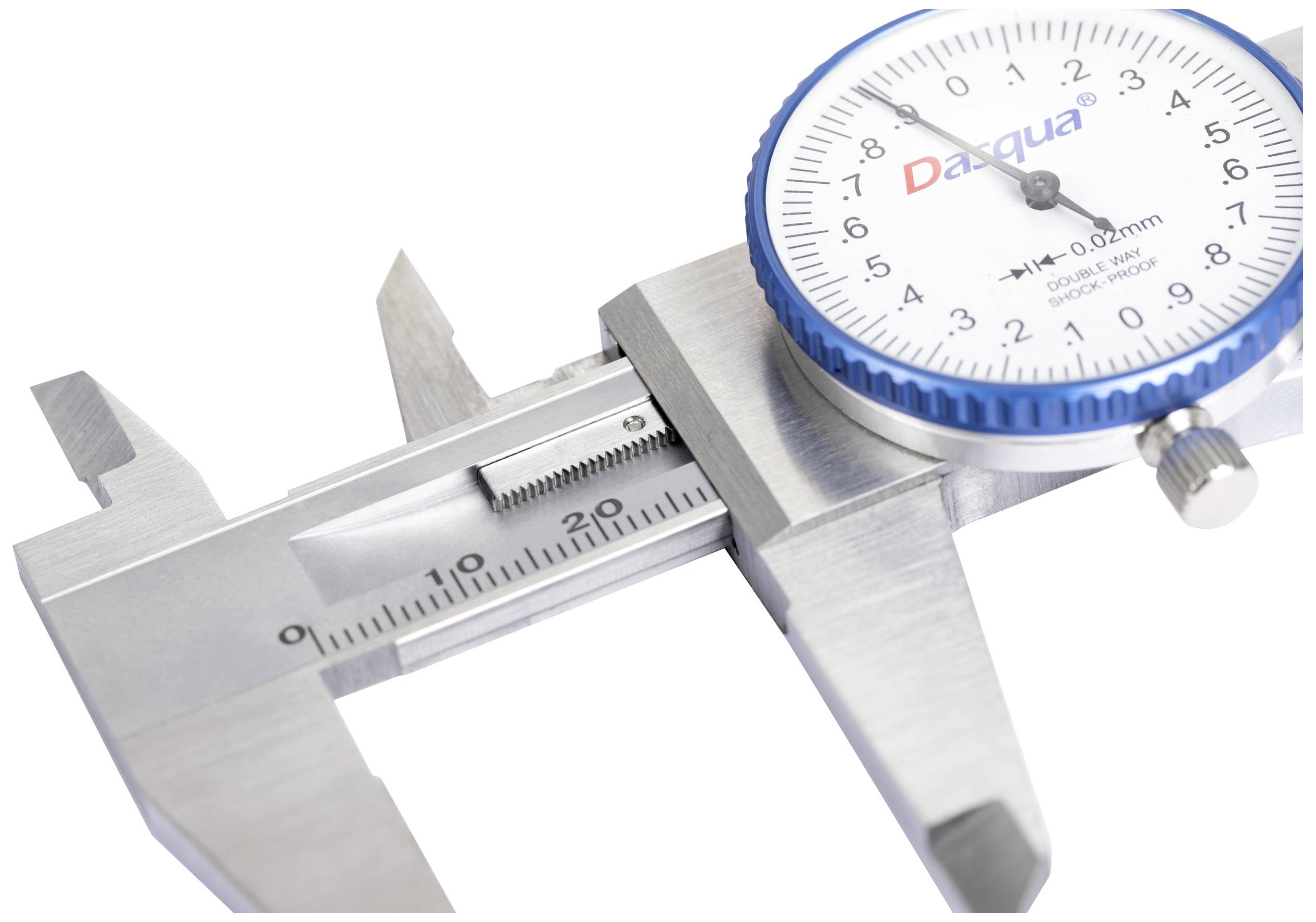 'Brass calliper with analogue dial, measuring scale from 0-150 mm, used for precise measurement of workpieces.'