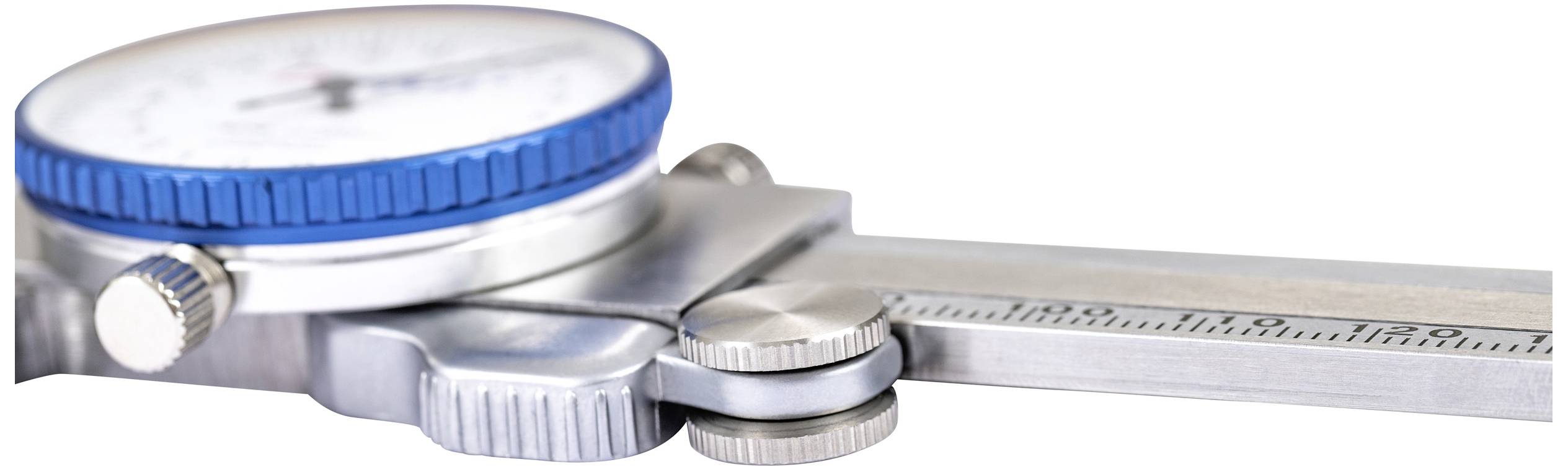 A close-up of a calliper with a round dial, blue border and scale for precise length measurement.