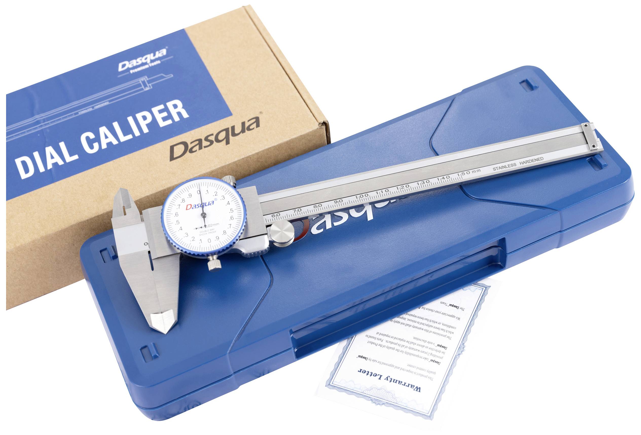 A vernier calliper with a dial gauge on a blue plastic housing, alongside a box and a warranty notice.