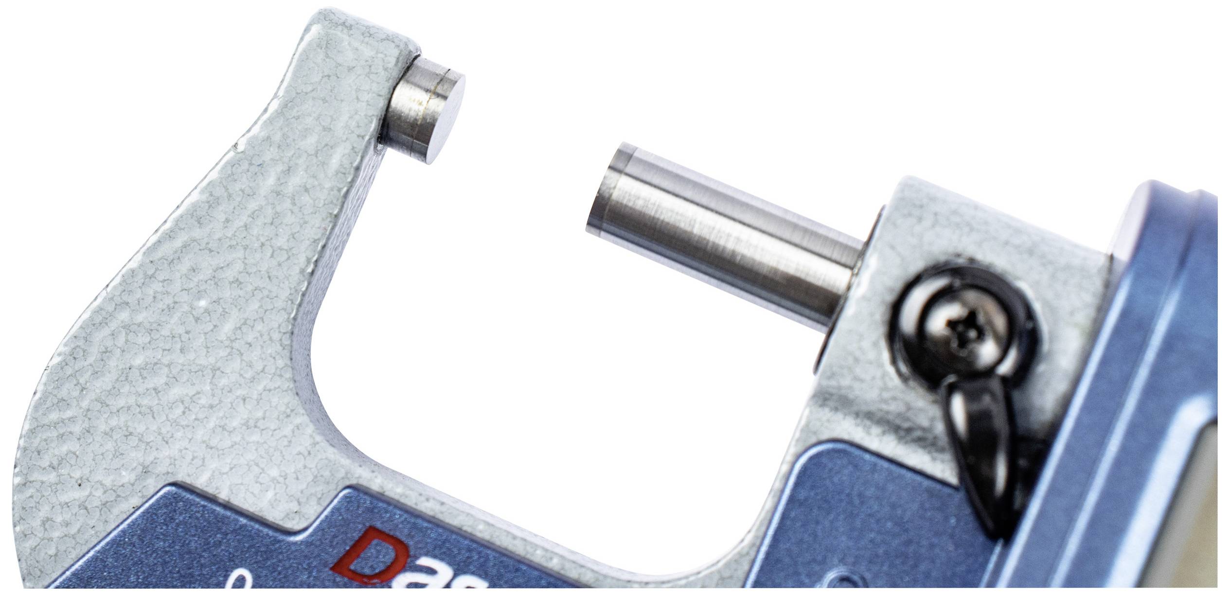 A blue measuring instrument with a metal pin, used for precise measurement of small objects.