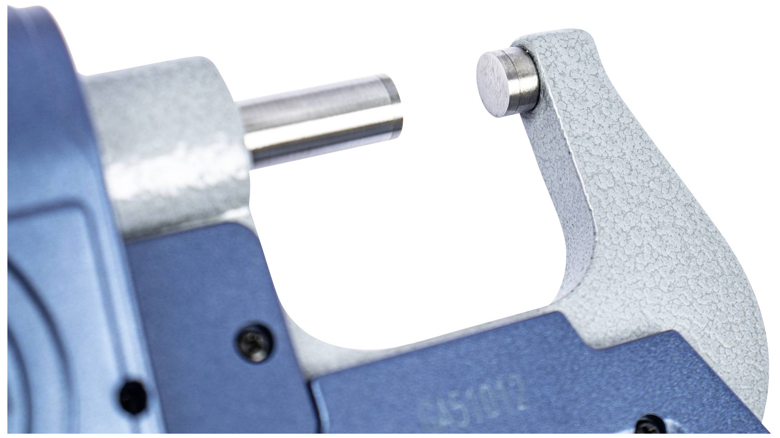 Close-up of a blue and silver micrometre measuring precise dimensions.