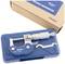 The image shows an external micrometer by 'Dasqua', lying on a blue case with an adjustment key. The packaging is visible in the background.
