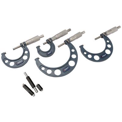 Four micrometres in various sizes and accessories. Suitable for precise measurement of small distances or diameters.