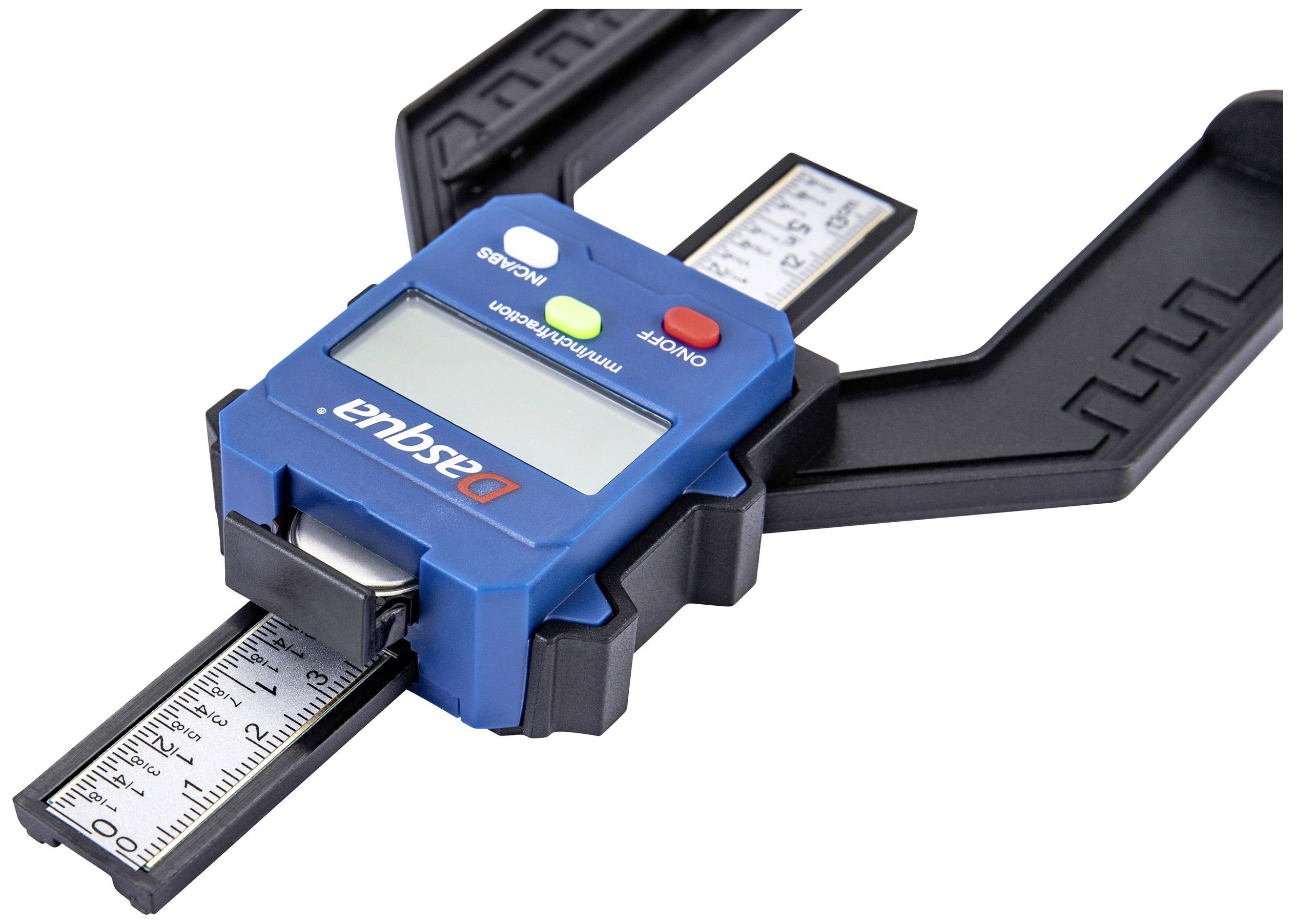 A blue digital measuring device with a display shows distances. It has red and green buttons and a metallic silver scale.