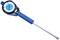 Dial gauge with blue dial face, precise measuring range of 0.01 mm, long metal stem, in blue plastic case.