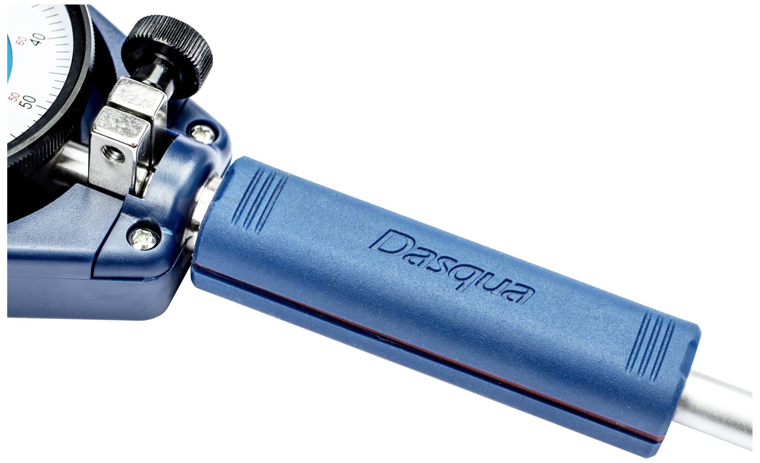 Blue handle of a measuring instrument with the inscription 'Dasqua', surrounded by metallic components and a dial face.