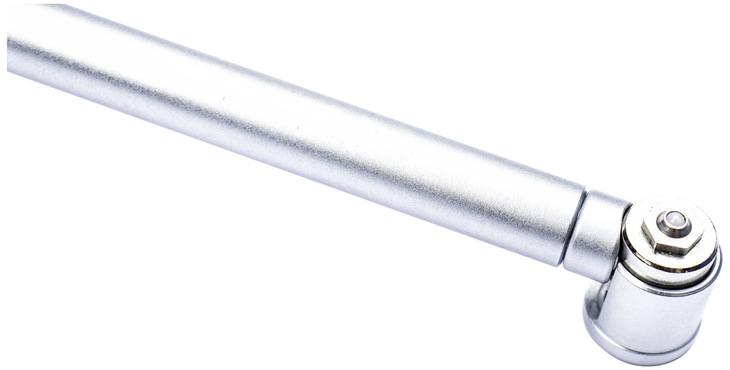 Metallic telescopic arm with a joint at the end, focused on the pivot point.