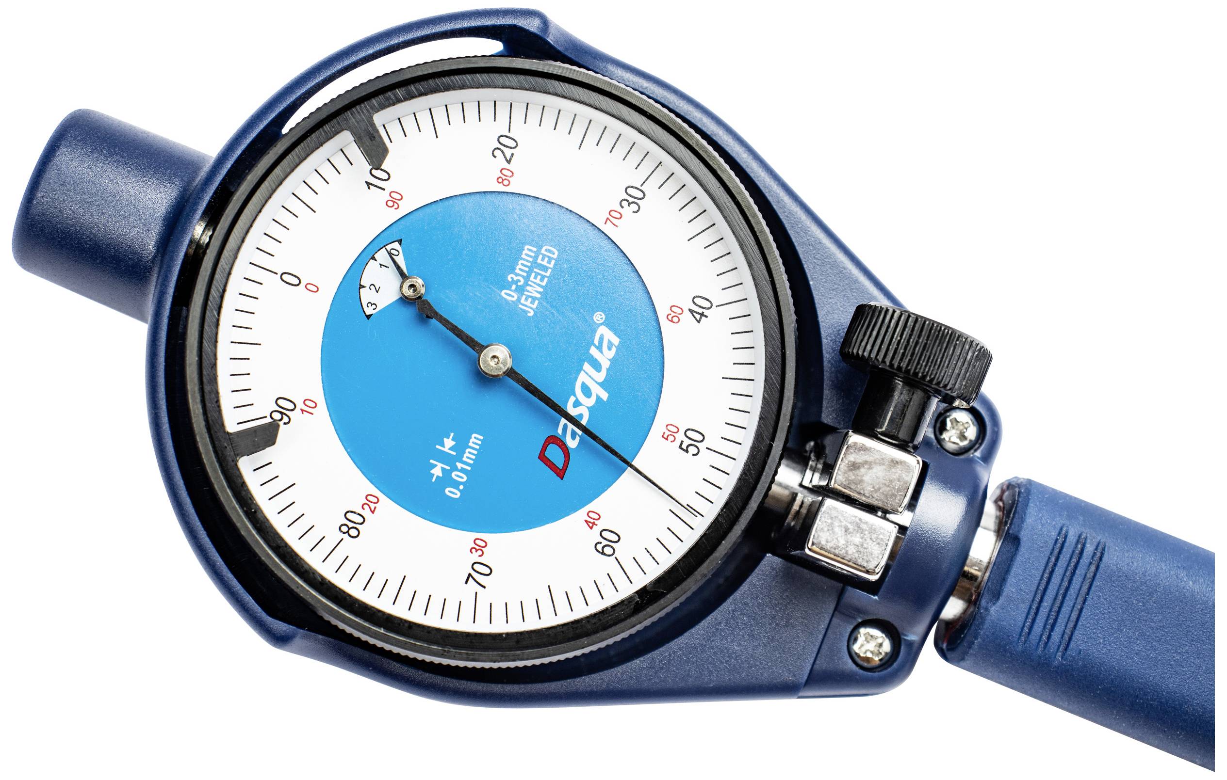 Precision measuring instrument with analogue dial showing measurement range in millimetres. Texts: 'DASQUA', '0.01mm'.
