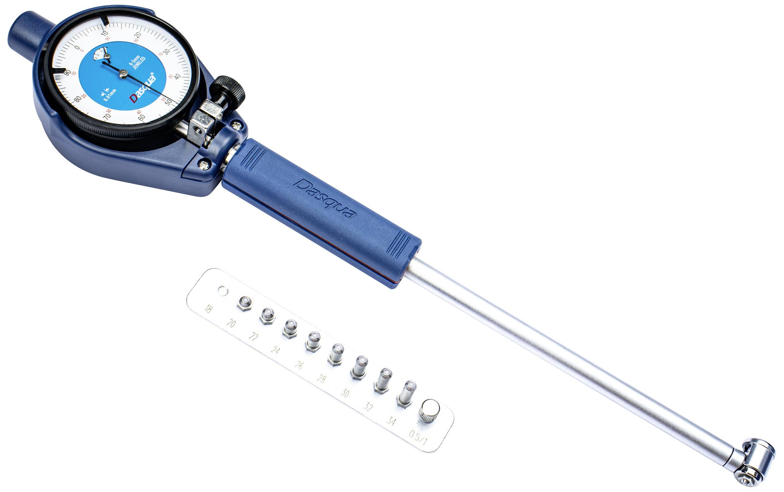 A torque wrench with a blue handle and an analogue scale, alongside a calliper with various measurement markings.
