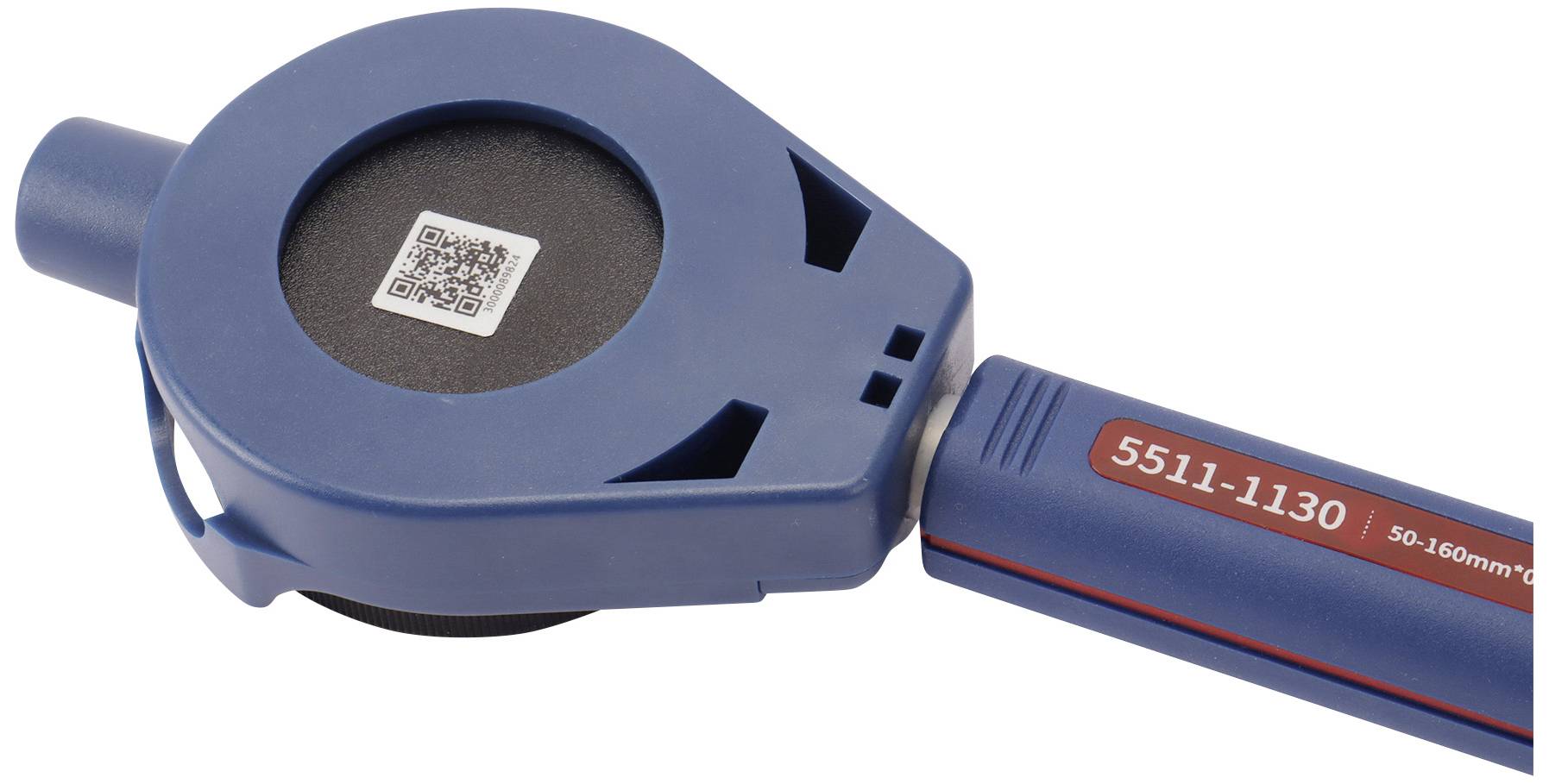 Blue tool with the inscription '5511-1130', showing a circular device with a QR code. Evidently for technical applications.