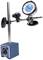 Dial gauge with magnetic base stand, blue dial face with scale for precision measurements in workshops or laboratories.