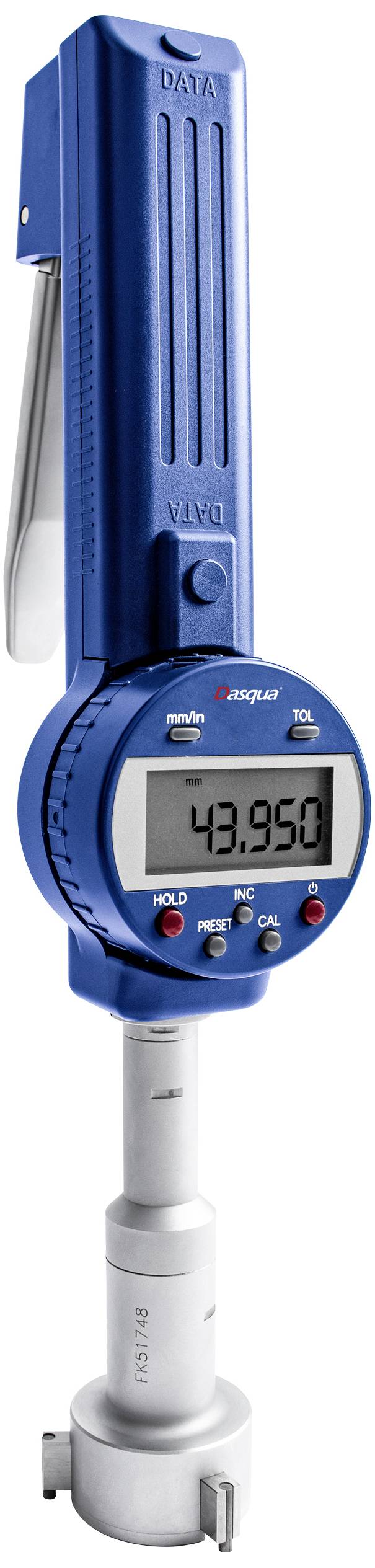 A blue digital measuring device with a round display shows the value '43.950'. It is designed for precise measurements.