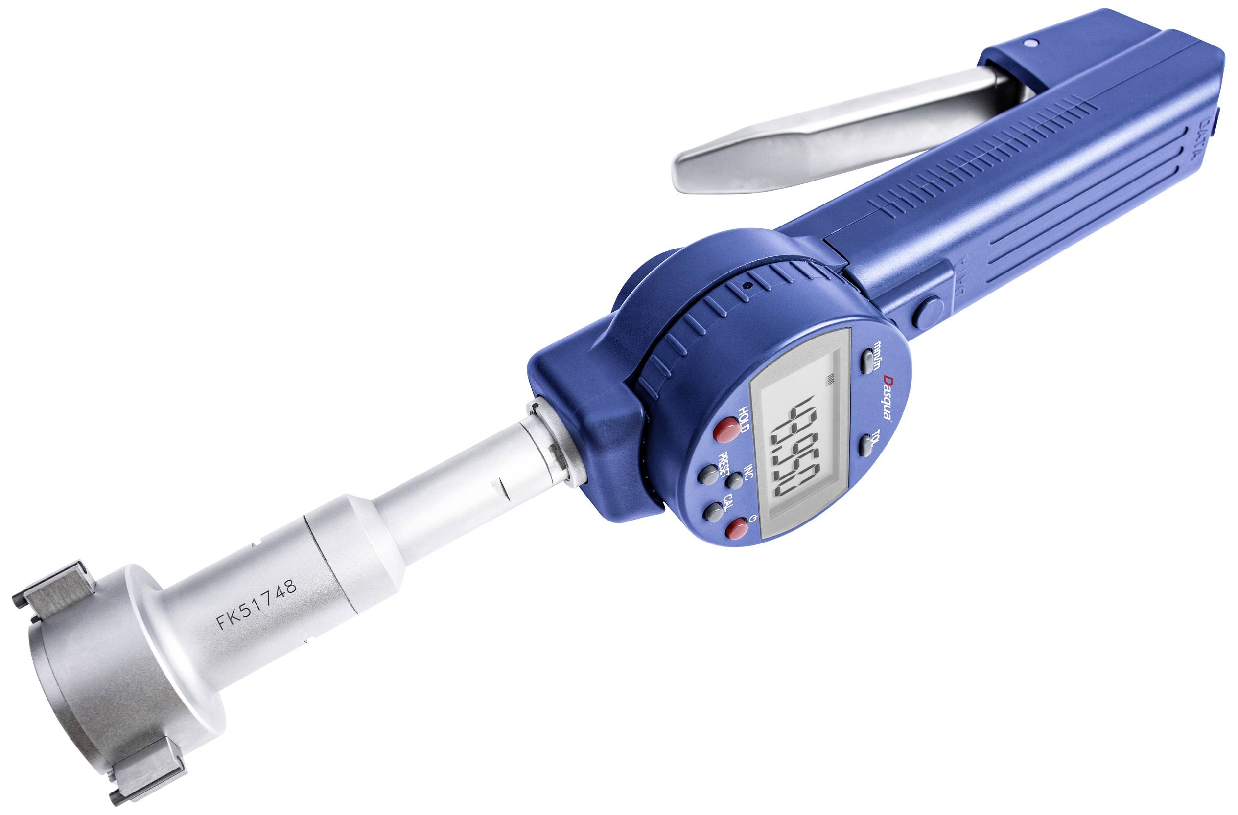 Blue measuring device with digital display showing '65.950'. Device has a cylindrical shaft and metallic measuring head.