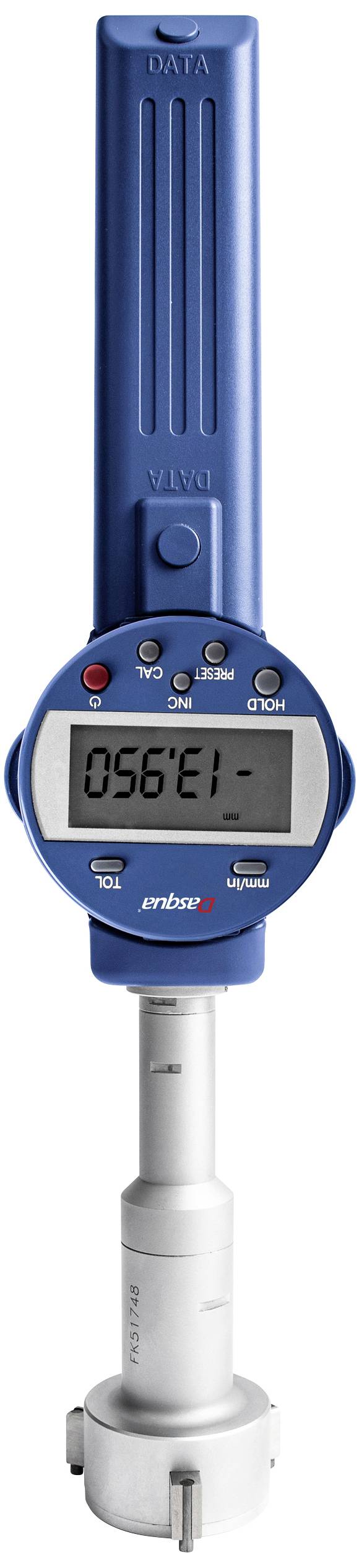 A digital measuring device with a display is showing '056E1', used for precise measurement in technical or industrial applications.