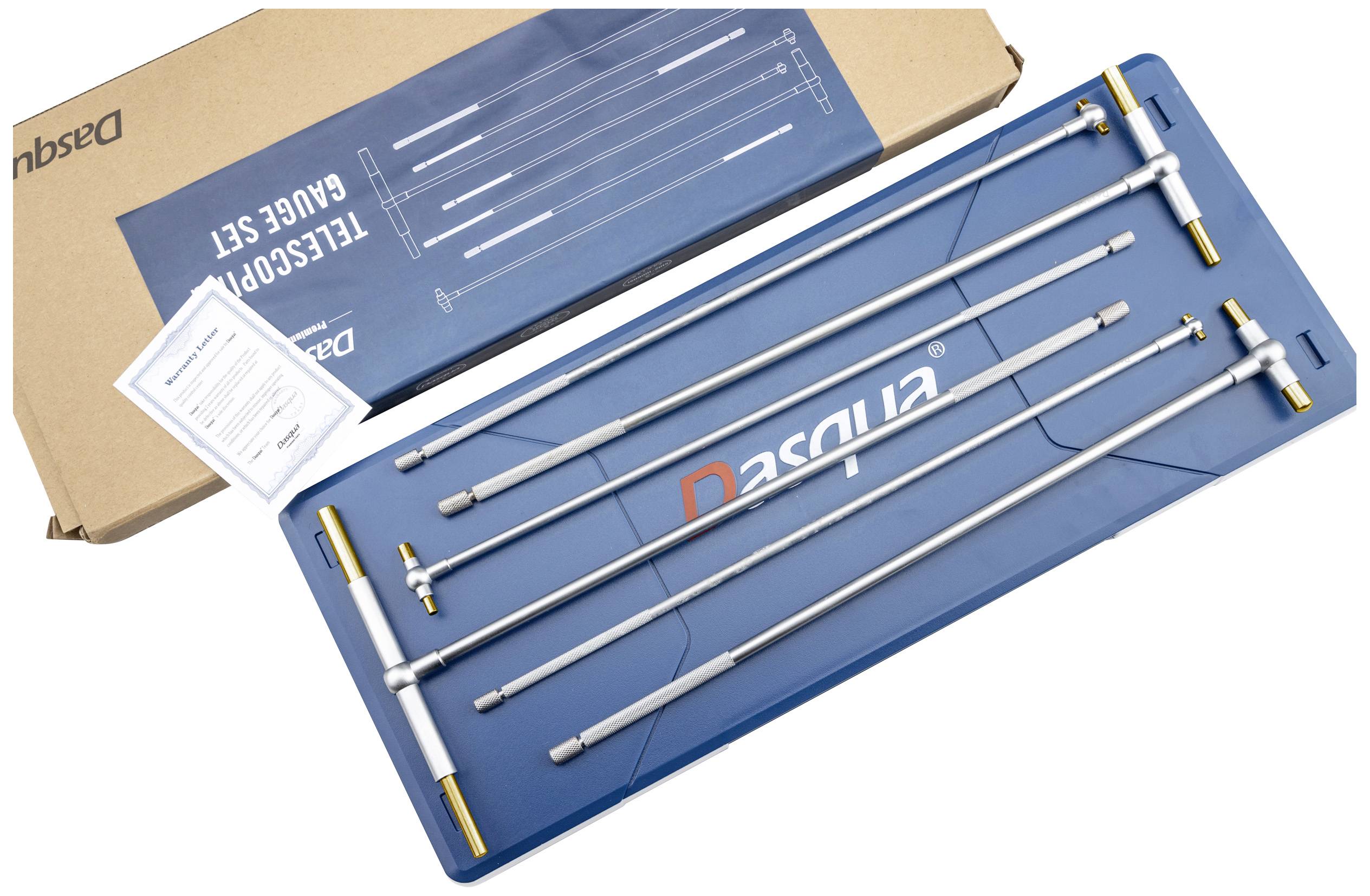 Telescope gauge set with multiple rods, in a blue case with inserts for secure storage, with a box placed beside it.