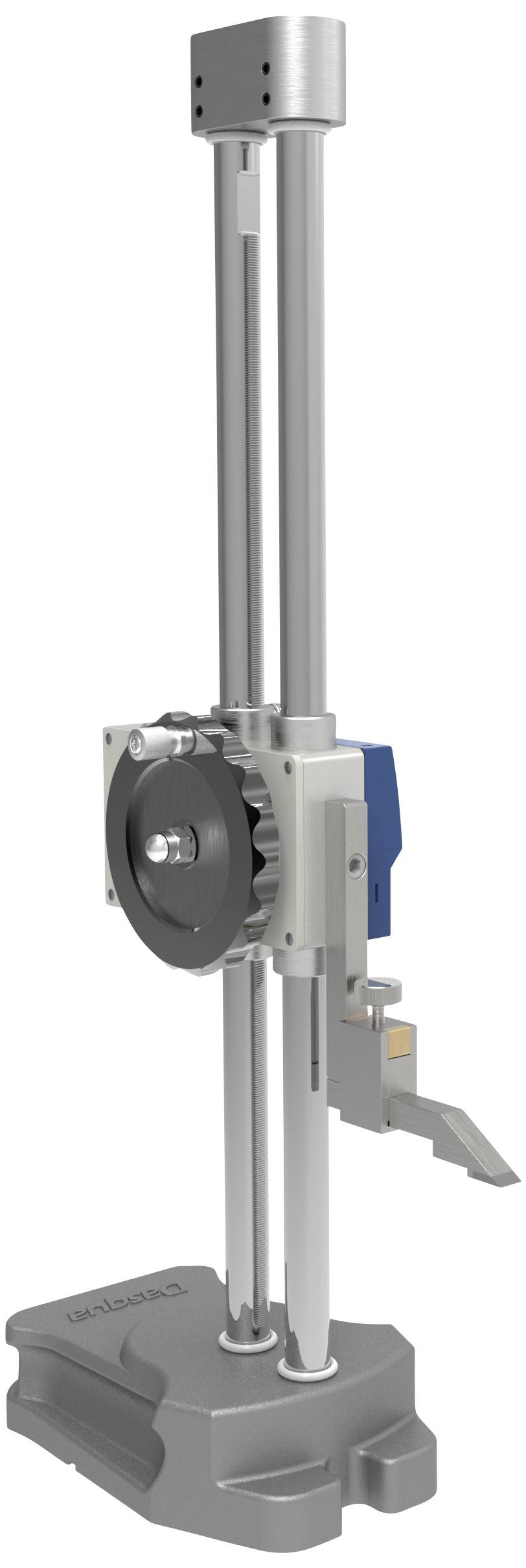 A metallic height gauge stands upright. It consists of two vertical rods and has an adjustable measuring head on the side.