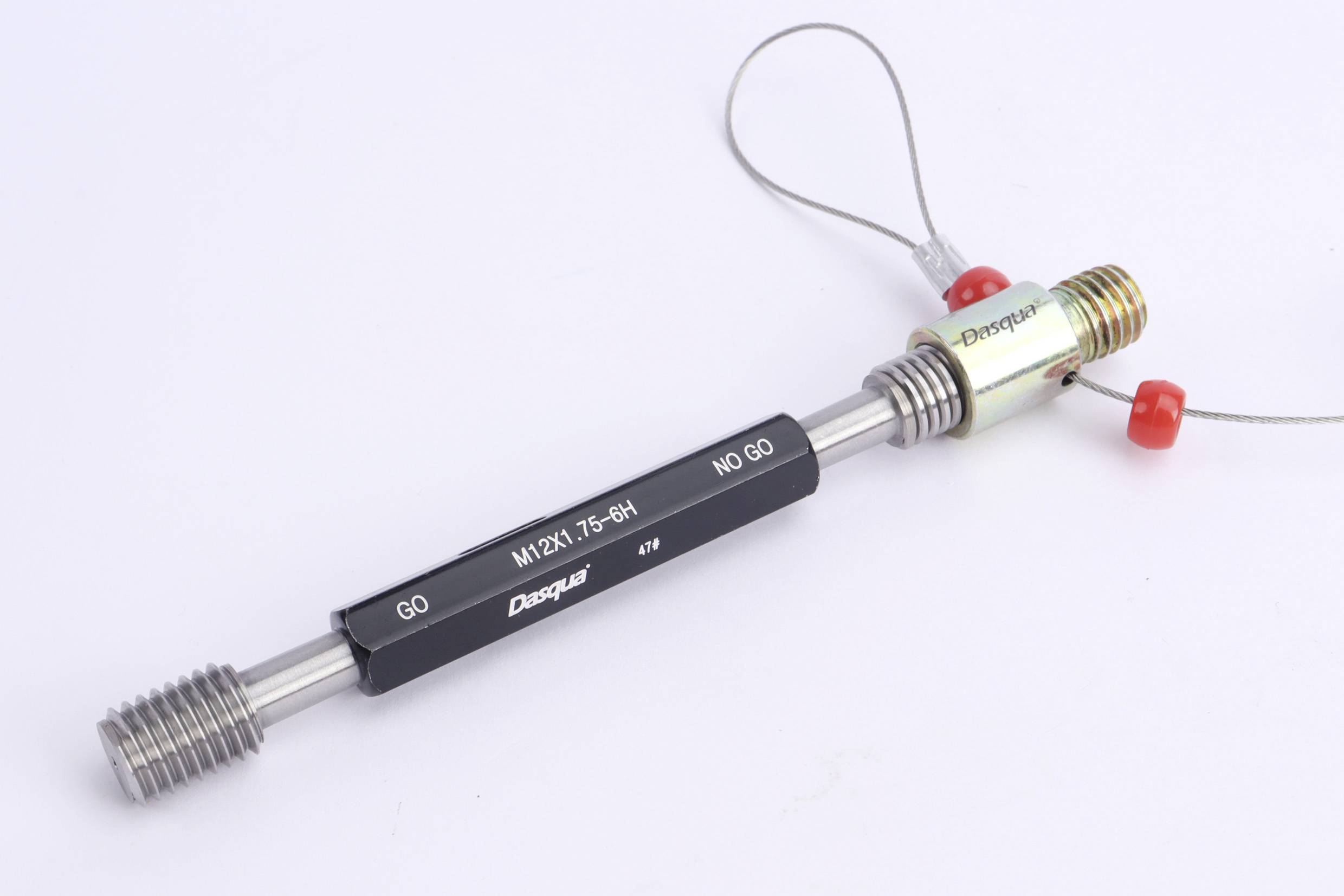 A GO/NOGO thread gauge with a threaded section at each end. Marked with 'GO', 'NO GO' and 'M12x1.75-6H'.