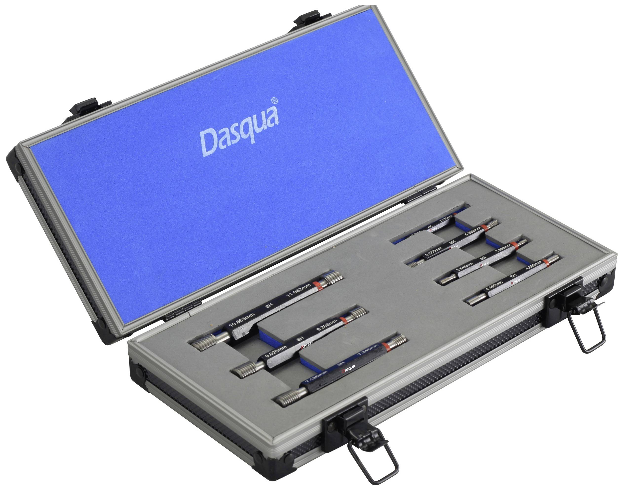 An open suitcase containing vernier callipers of various sizes inside. The lid is blue with the 'Dasqua' lettering.