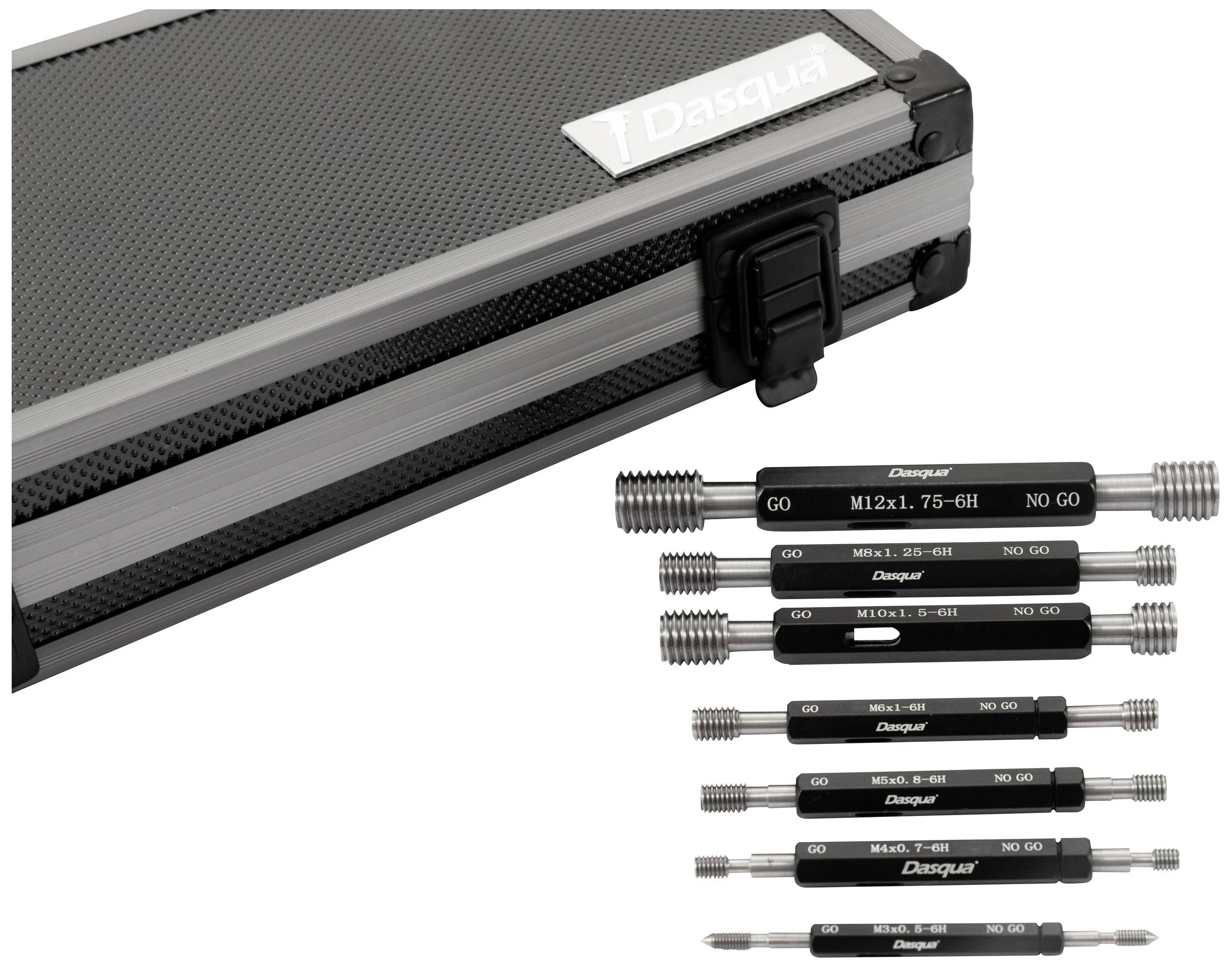 A tool case containing multiple thread gauges in various sizes. Gauges are marked with 'GO' and 'NO GO'.