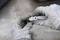 A person is wearing work gloves and holding a worn metal part with pliers, likely during a repair job.